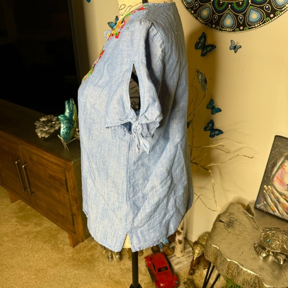 Talbots Sz S Darling Boho Folk Bird Embroidered Chambray Linen Blouse Shirt Top - Picture 4 of 12